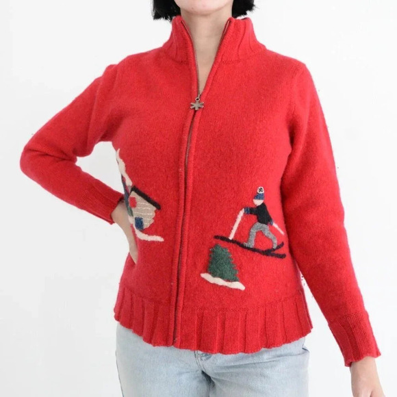Vintage  Northern Isles Red 100% Wool Ski Carbincore Zip Up Cardigan Sweater M - Picture 1 of 10